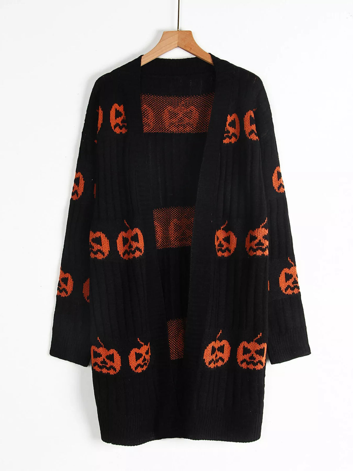 Halloween Pumpkin Open Front Knit Cardigan - Black - View 5