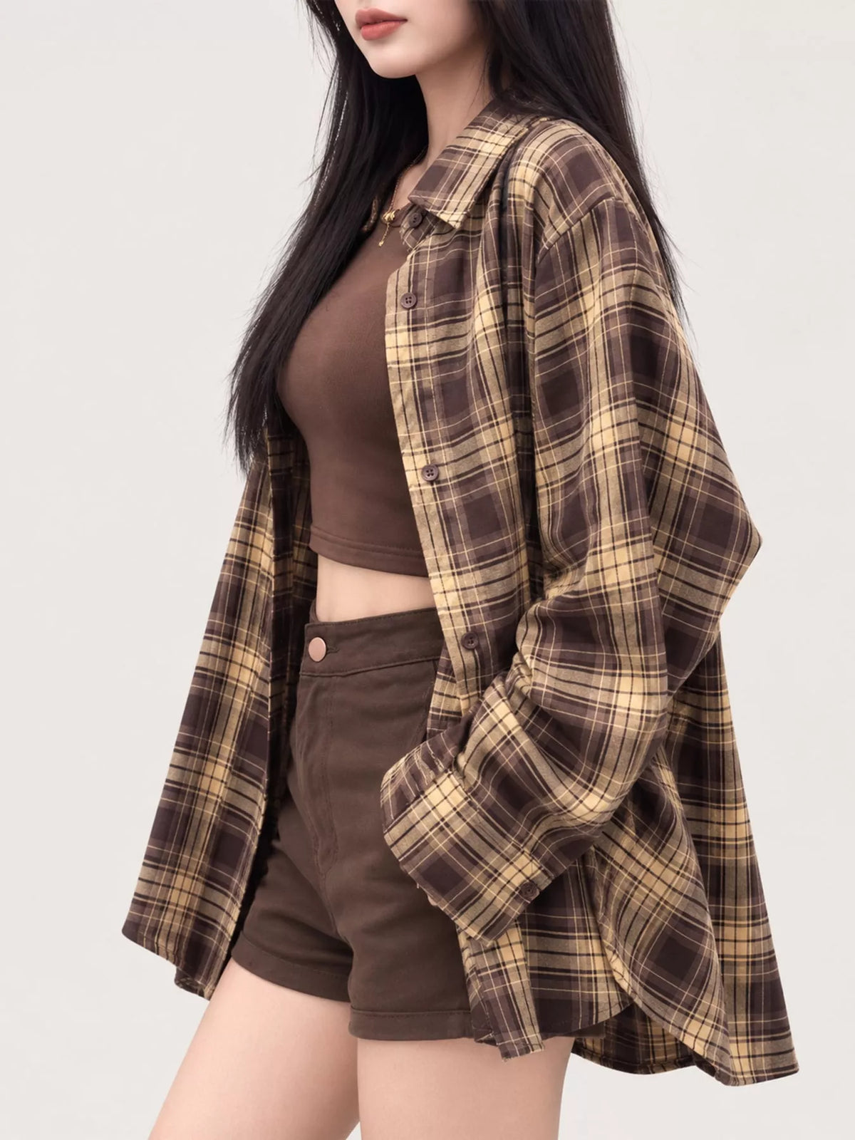 Casual Loose Fit Plaid Shirt - Brown-Plaid - View 11