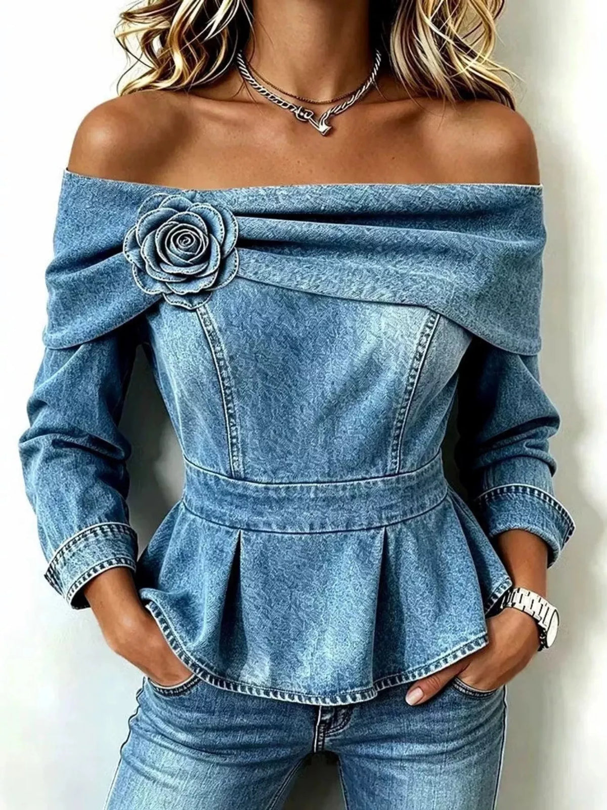 Full Size Off-Shoulder Floral Denim Look Top Plus Size - Light Blue - View 1