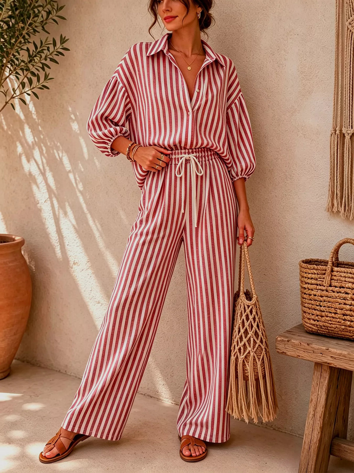 Striped Collared Shirt and Wide-Leg Drawstring Pants Set - Red - View 1