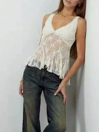 Lace V-Neck Tank - White - View 4