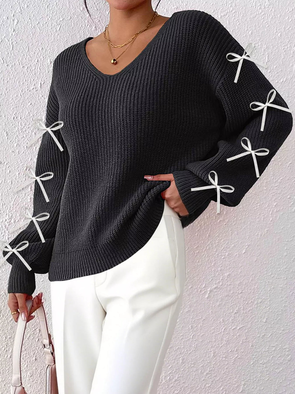 Bow-Tie Sleeve V-Neck Sweater - Black - View 4