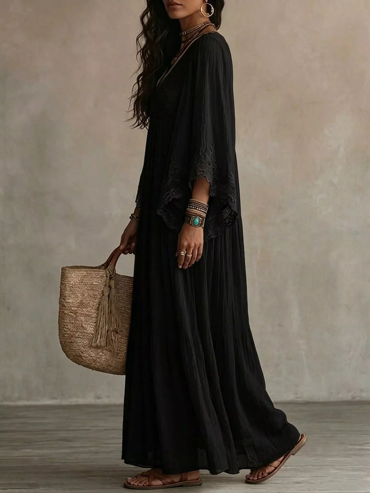 Lace Trim V-Neck Maxi Dress - Black - View 3