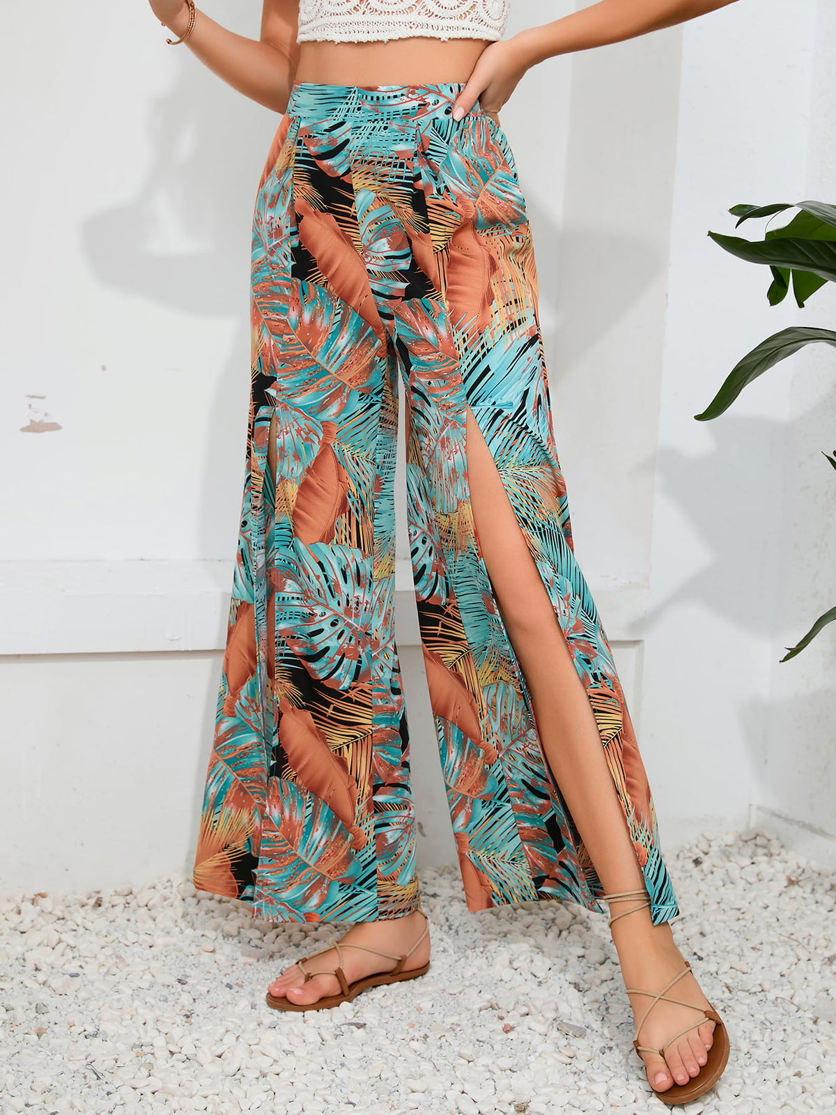 Printed Split Wide Leg Long Pants - Multicolor - View 1