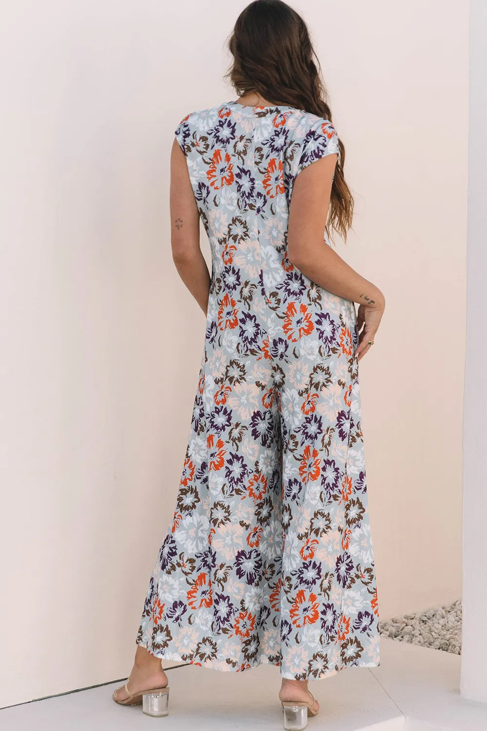 Floral Sleeveless Button Front Wide Leg Jumpsuit - Floral - View 3