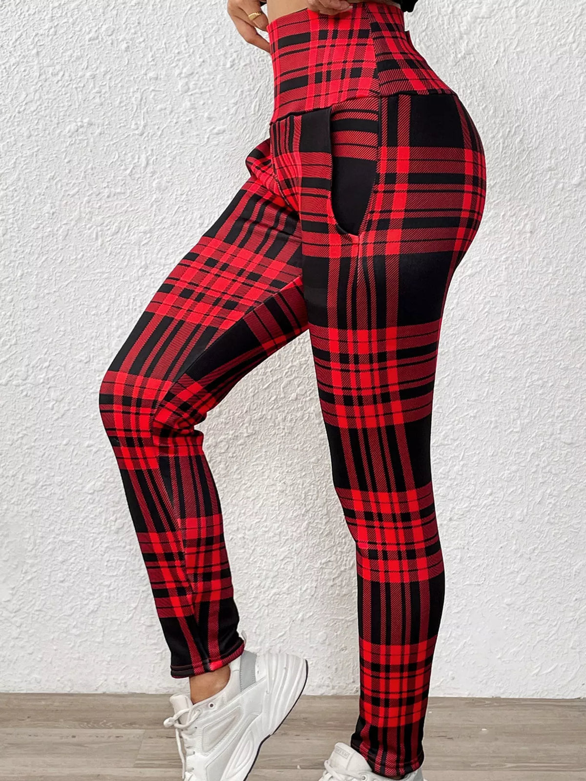High-Waisted Plaid Slim-Fit Leggings - Red - View 3