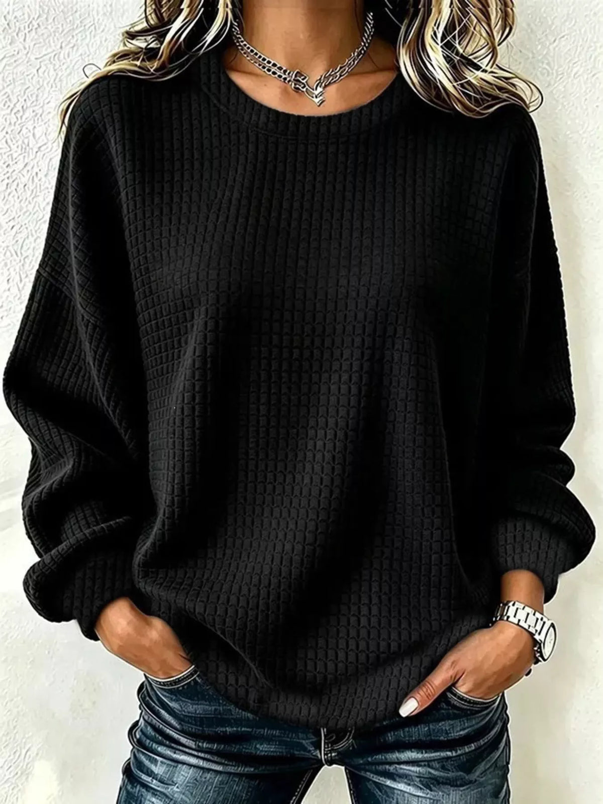 Full Size Waffle Knit Long Sleeve Crew Neck Sweatshirt Plus Size - Black - View 1