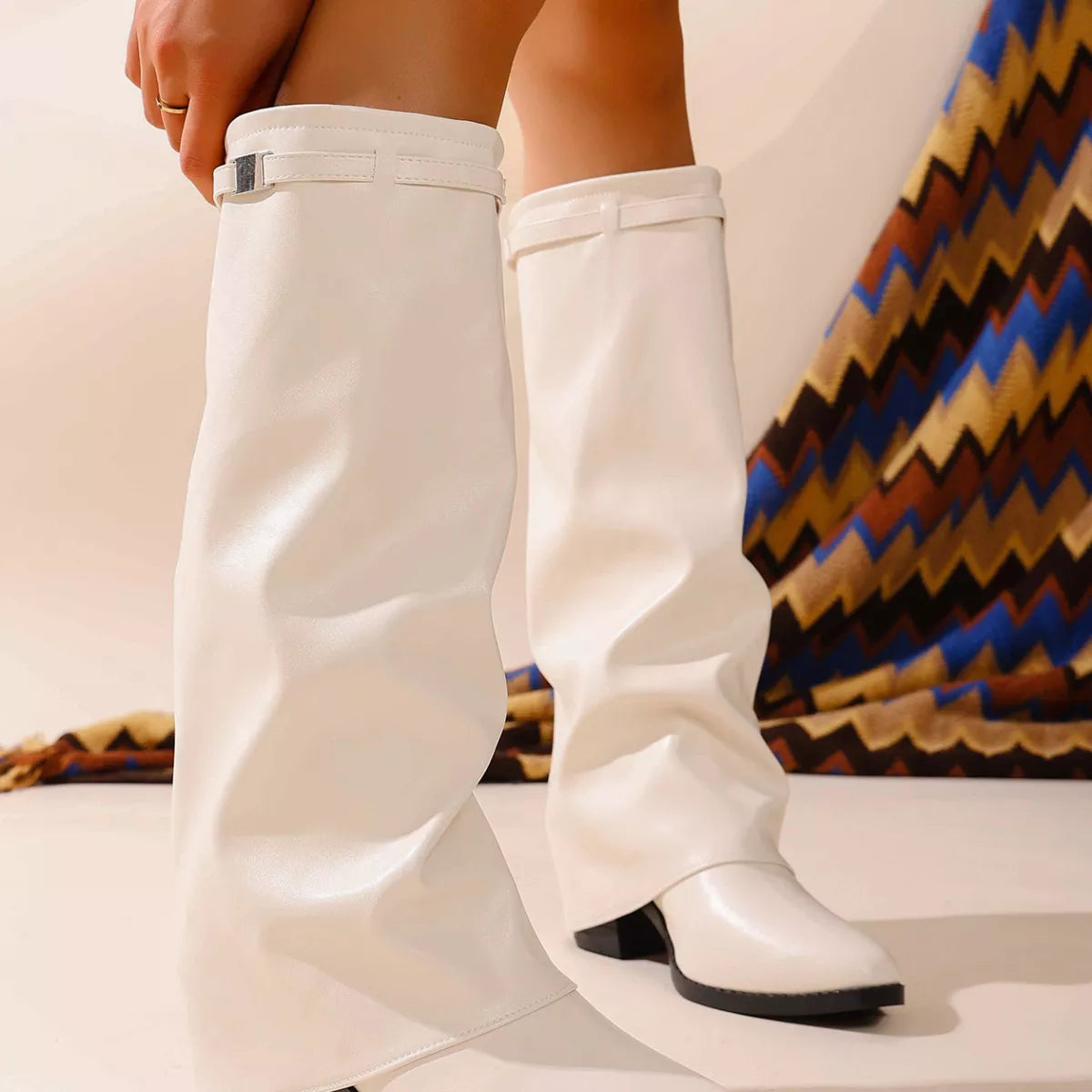 Point Toe Block Heel Boots - Beige - View 5