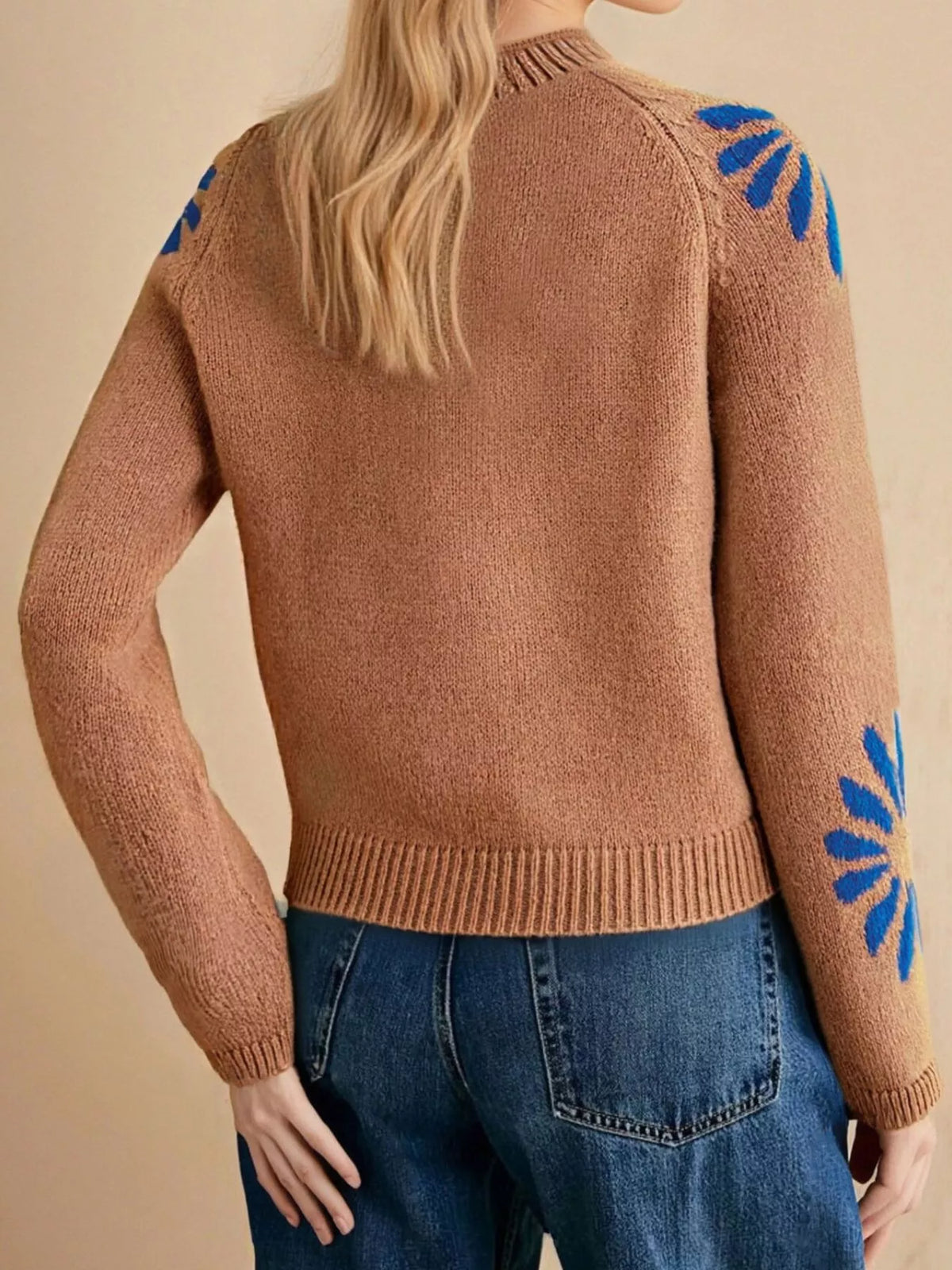 Flower Mock Neck Raglan Sleeve Sweater - Caramel - View 5