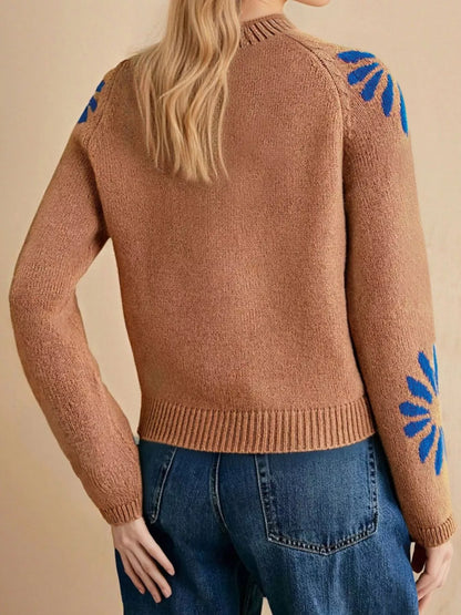 Flower Mock Neck Raglan Sleeve Sweater - Caramel - View 5