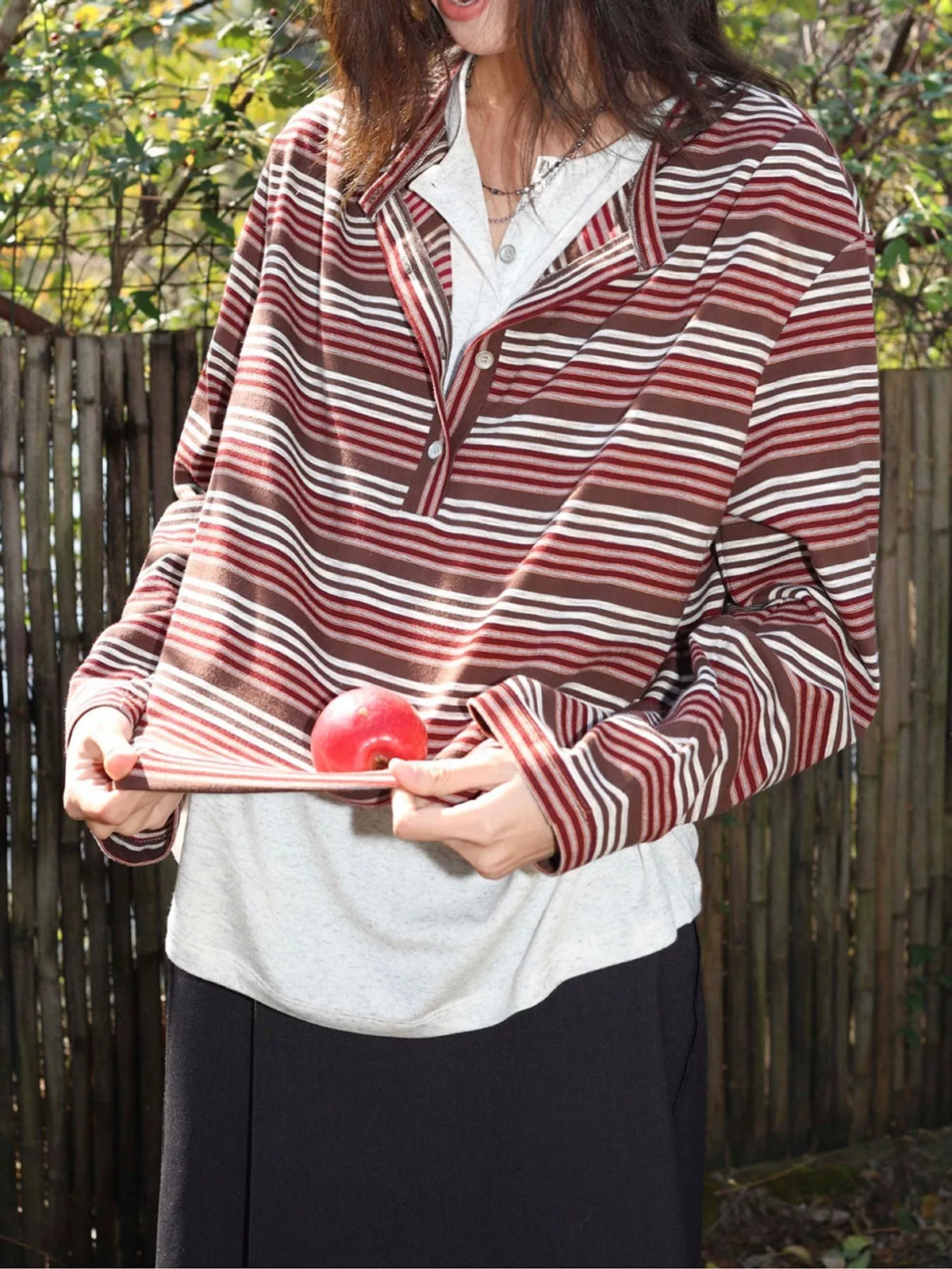 Vintage Striped Long-Sleeve Quarter-Zip T-Shirt - Coffee And Red-Striped - View 12