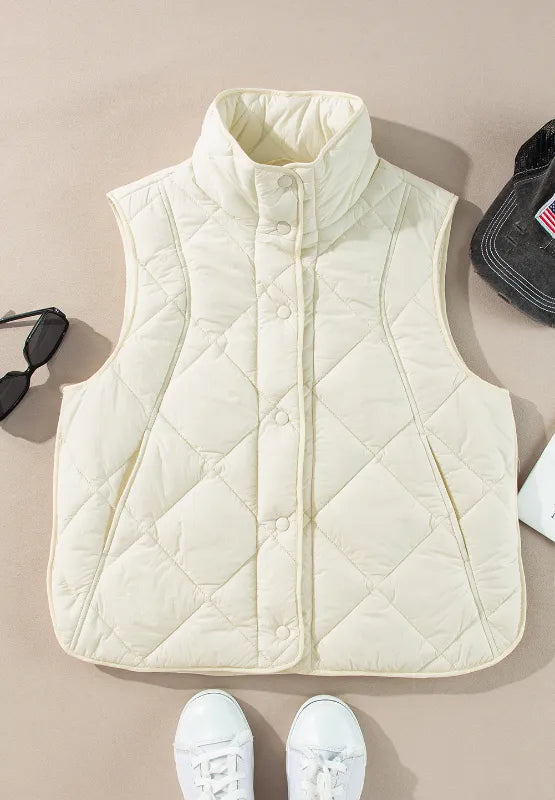 Snap Down Texture Vest Coat with Pockets - Ivory - View 6