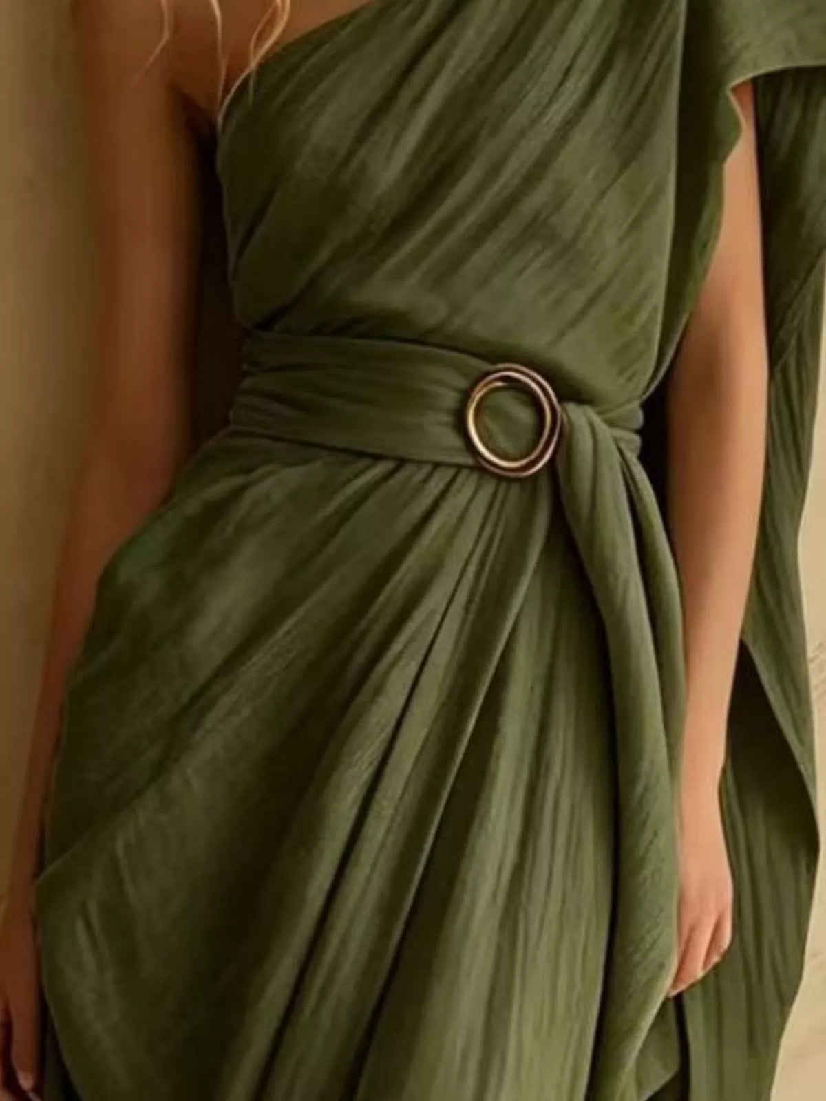 One-Shoulder Draped Maxi Dress with Waist Buckle - Army Green - View 2