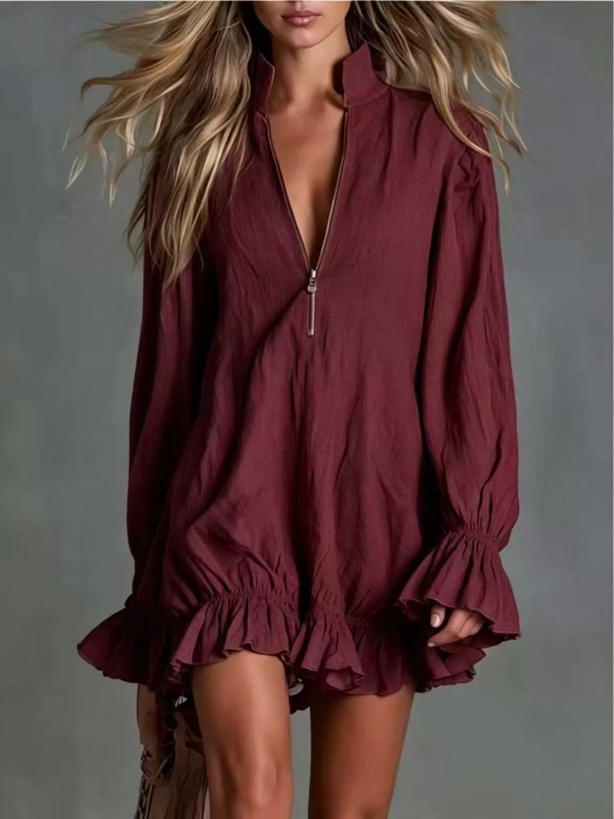 Zipper-Front Ruffle Hem Mini Dress - Burgundy - View 6