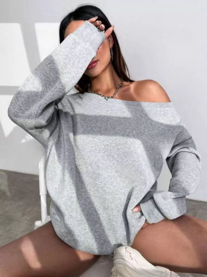 One Shoulder Dropped Shoulder Sweatshirt - Gray - View 2