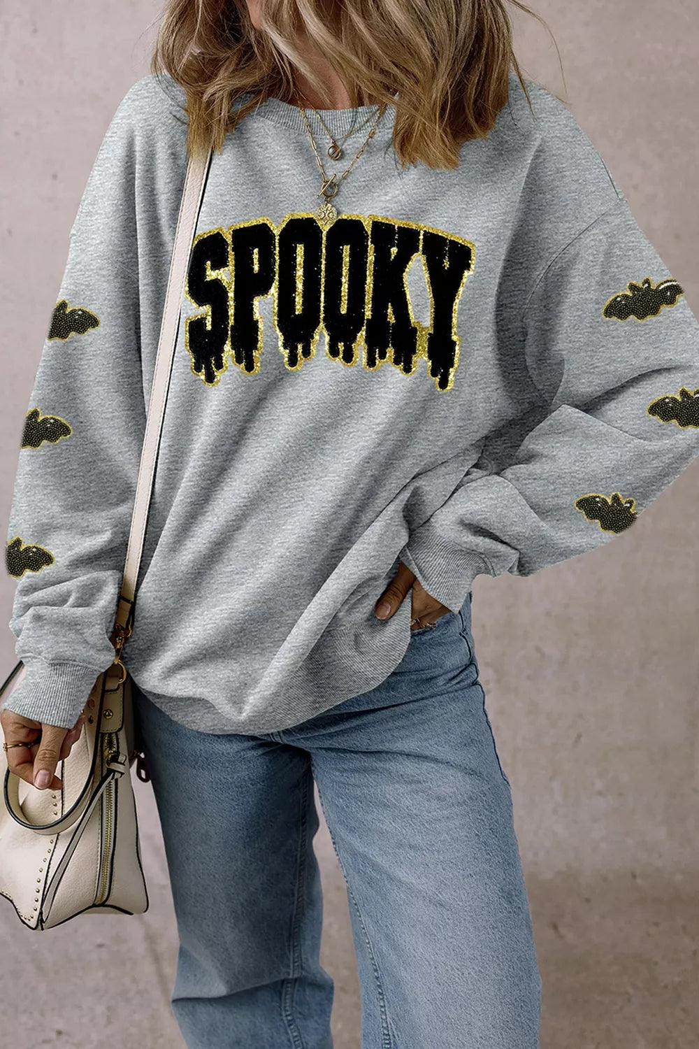 Sequin SPOOKY Halloween Bat Embellished Sleeve Pullover Sweatshirt - Gray - View 3