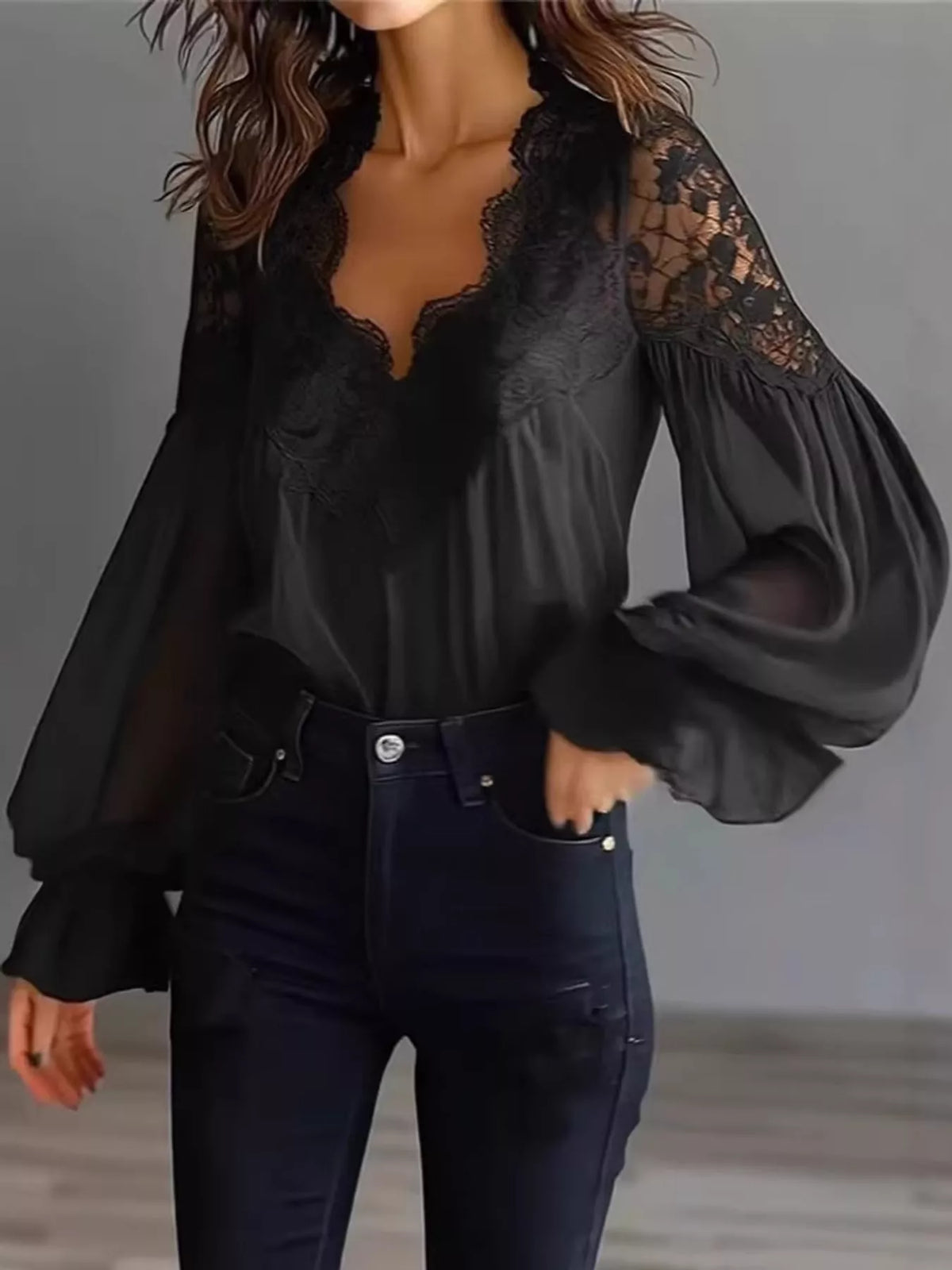 Full Size Lace V-Neck Flounce Sleeve Blouse Plus Size - Black - View 3