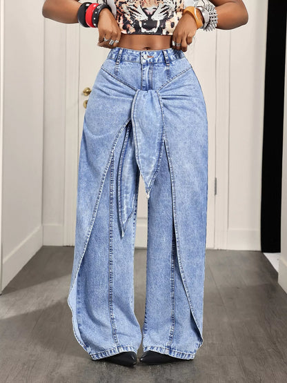 High-Waisted Ruffled Wide-Leg Jeans - Blue - View 3