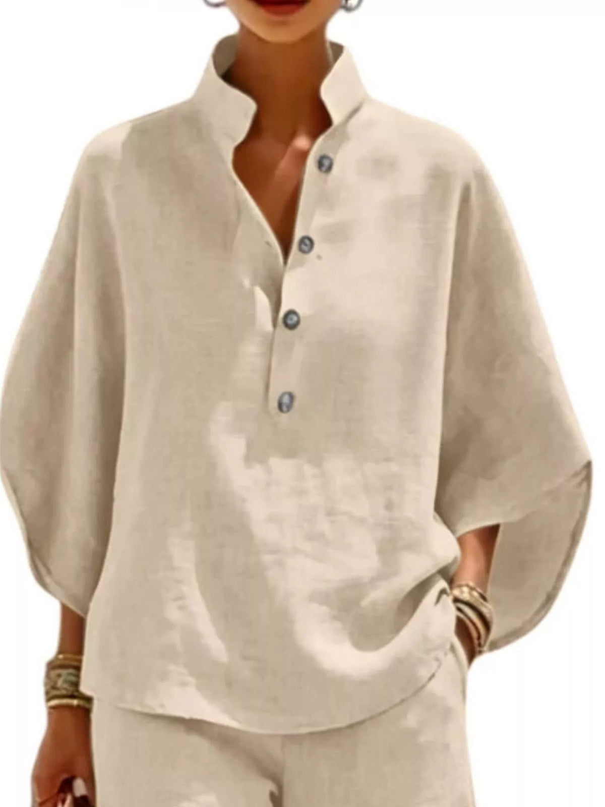Full Size Button Detail Loose Fit Top and Shorts Set Plus Size - Apricot - View 2
