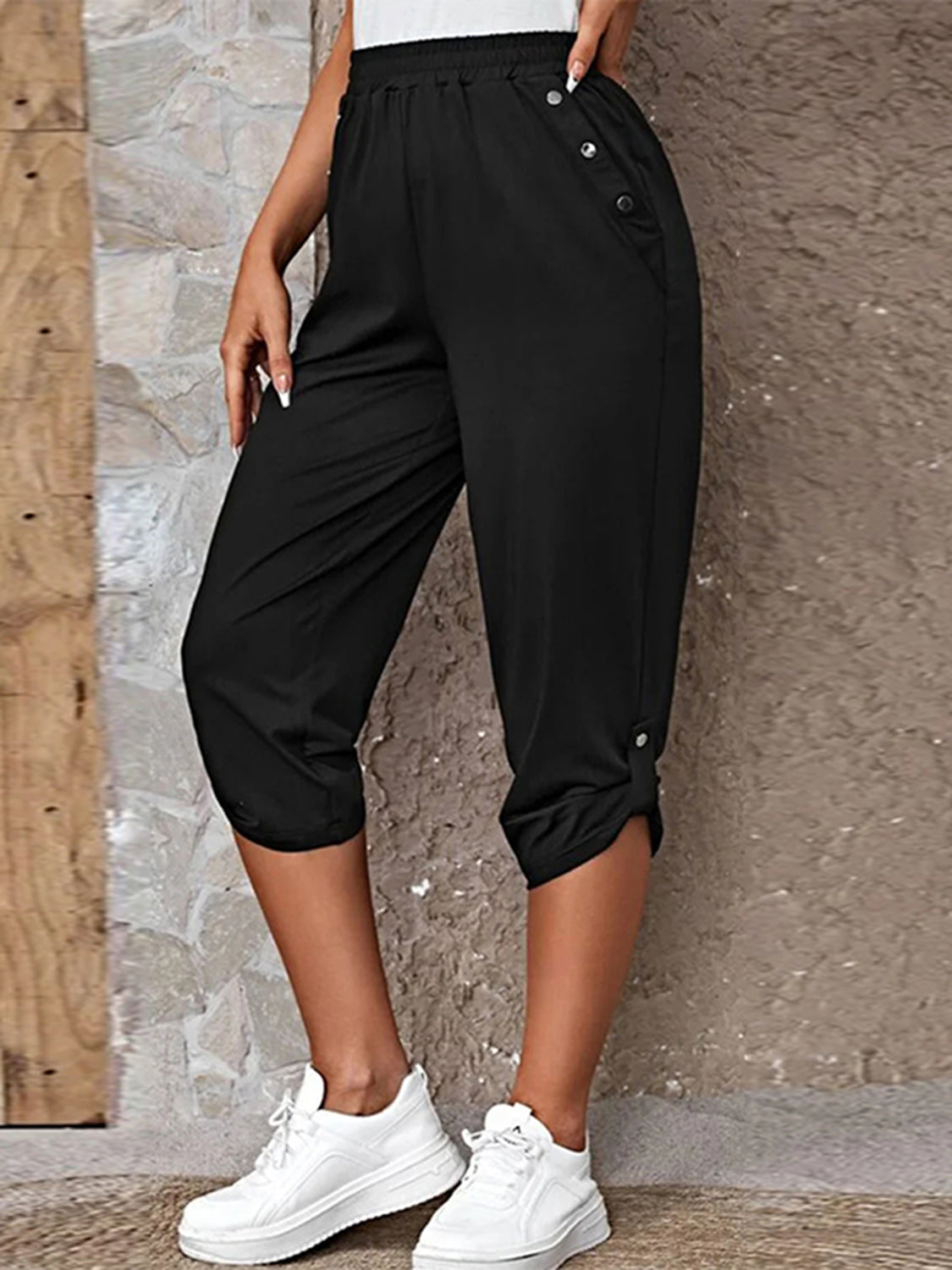 Full Size Roll-Tab Capris Pants - Black - View 5