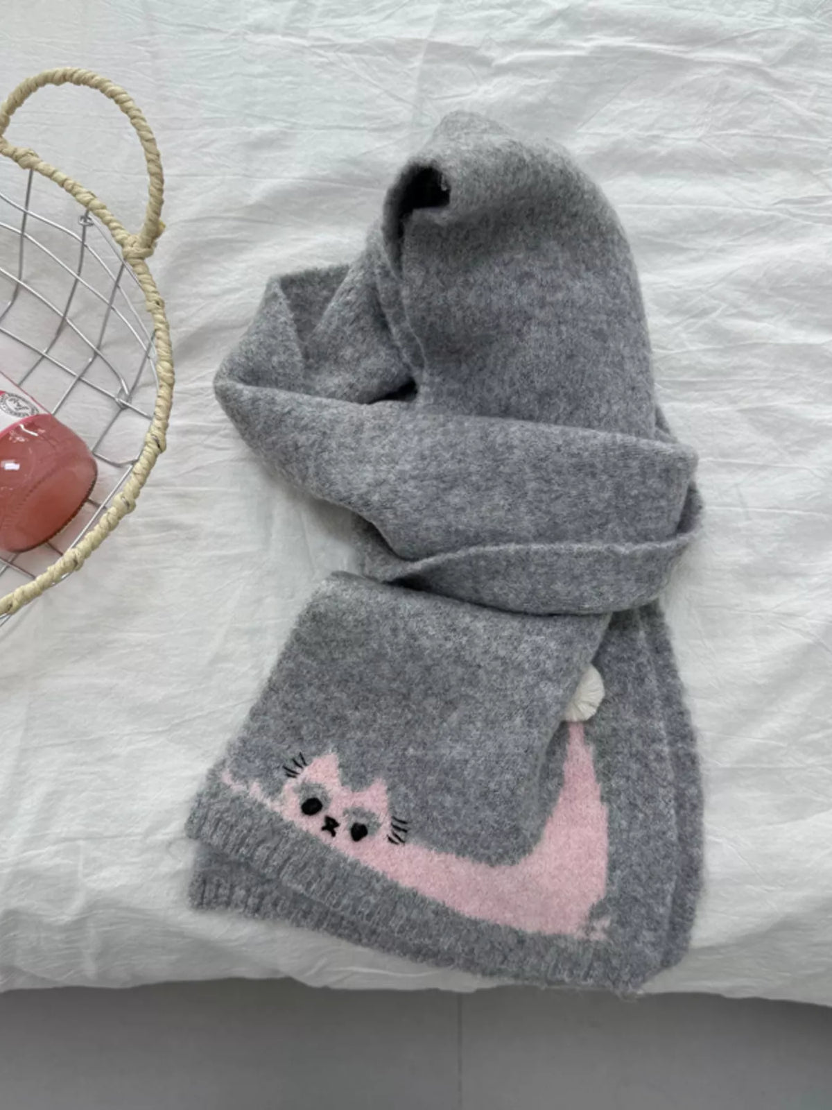 Cute Cat Knitted Scarf - Gray - View 4