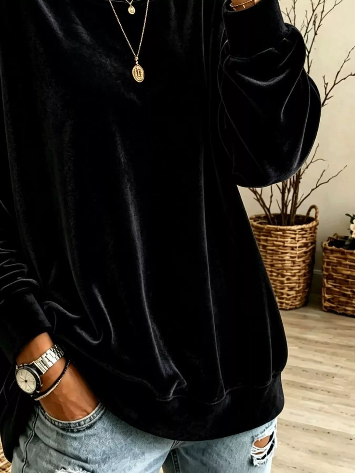 Full Size Solid Color Crew Neck Sweatshirt Plus Size - Black - View 4