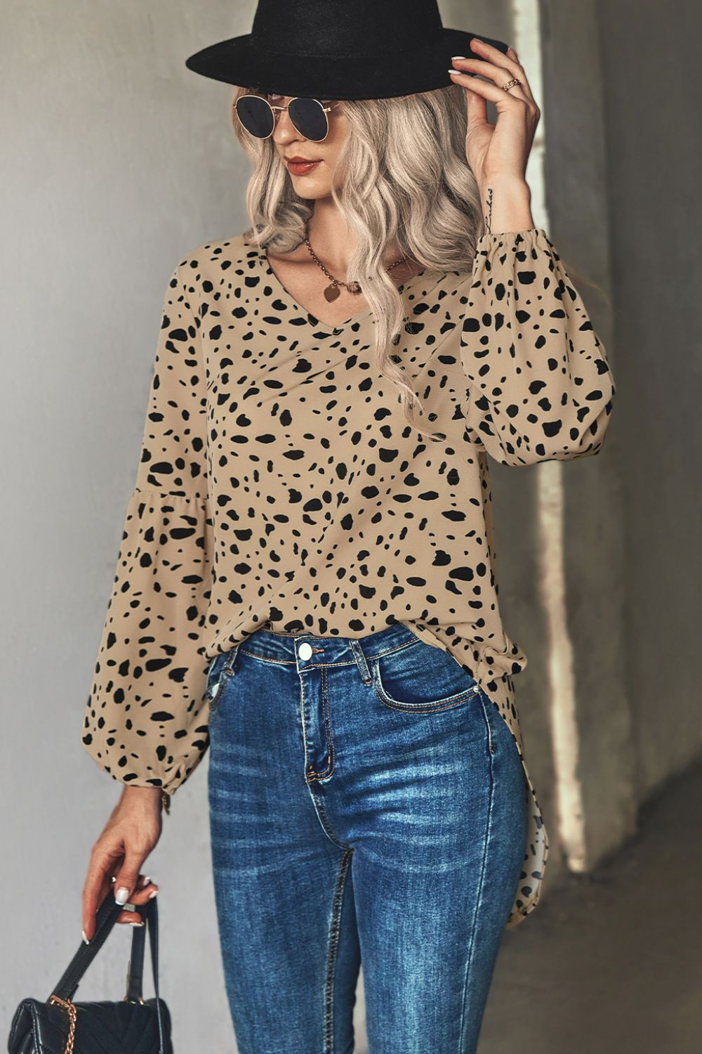 Animal Print V-Neck High-Low Blouse - Khaki - View 1