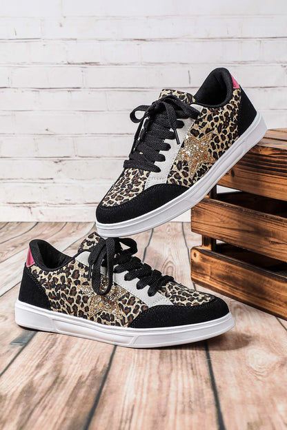 Black Stylish Color Block Glitter Star Patchwork Lace-up Flat Shoes