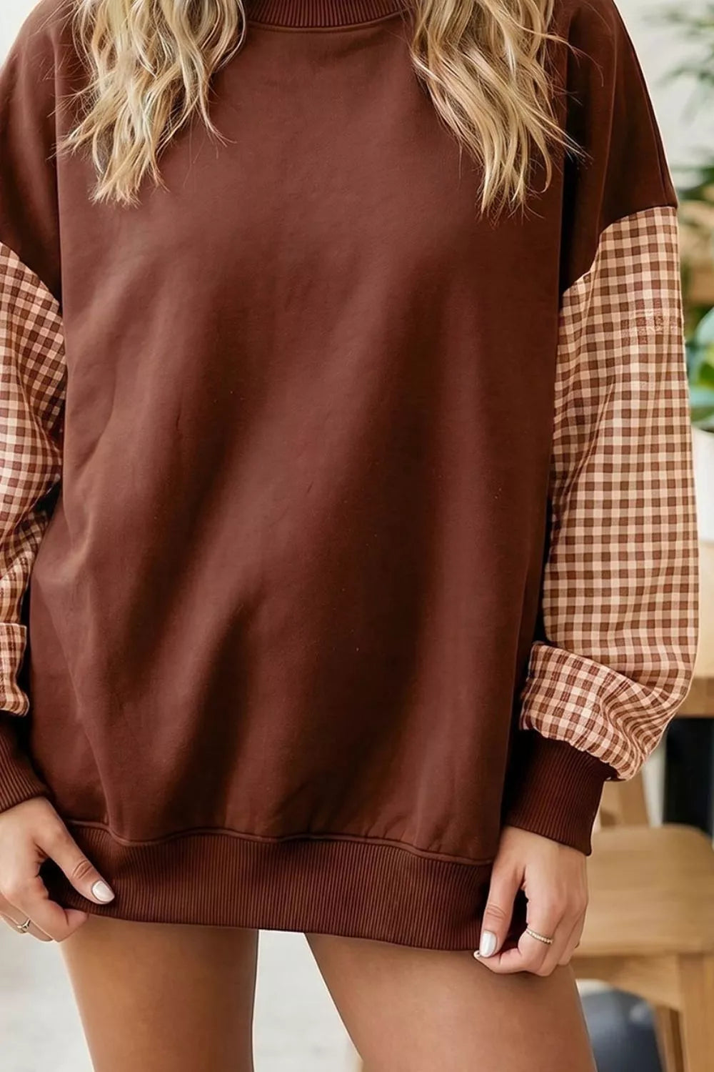 Plaid Sleeve Colorblock Loose Tunic Sweatshirt - Dark Brown - View 3