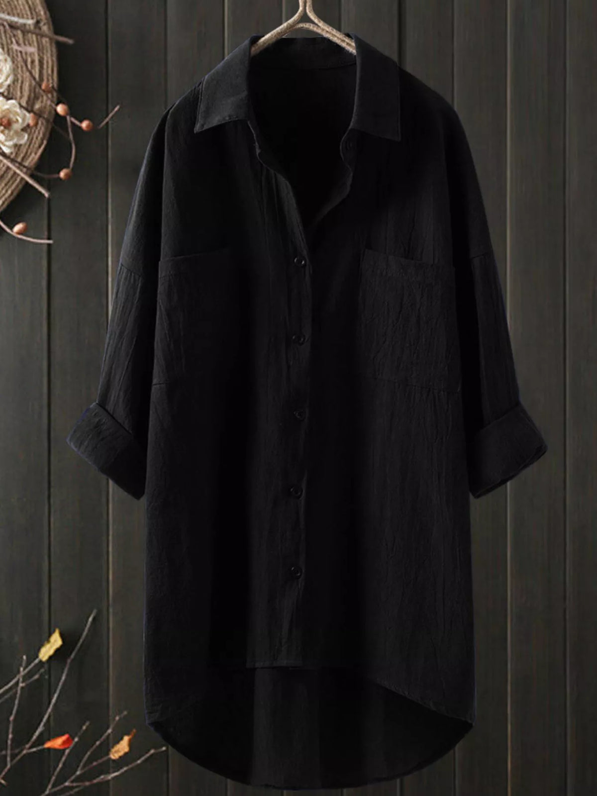Full Size Casual Button-Down Shirt with Dual Chest Pockets Plus Size - Black - View 7