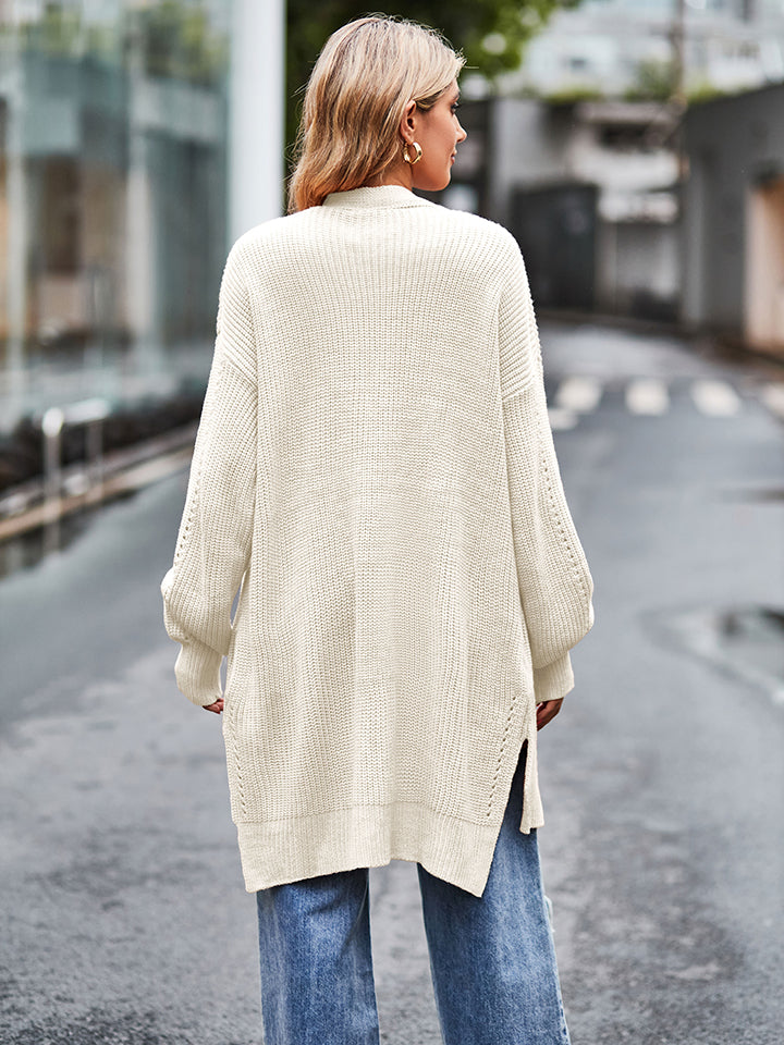 Long Sleeve Waffle-Knit Cardigan - Cream - View 2