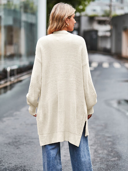 Long Sleeve Waffle-Knit Cardigan - Cream - View 2