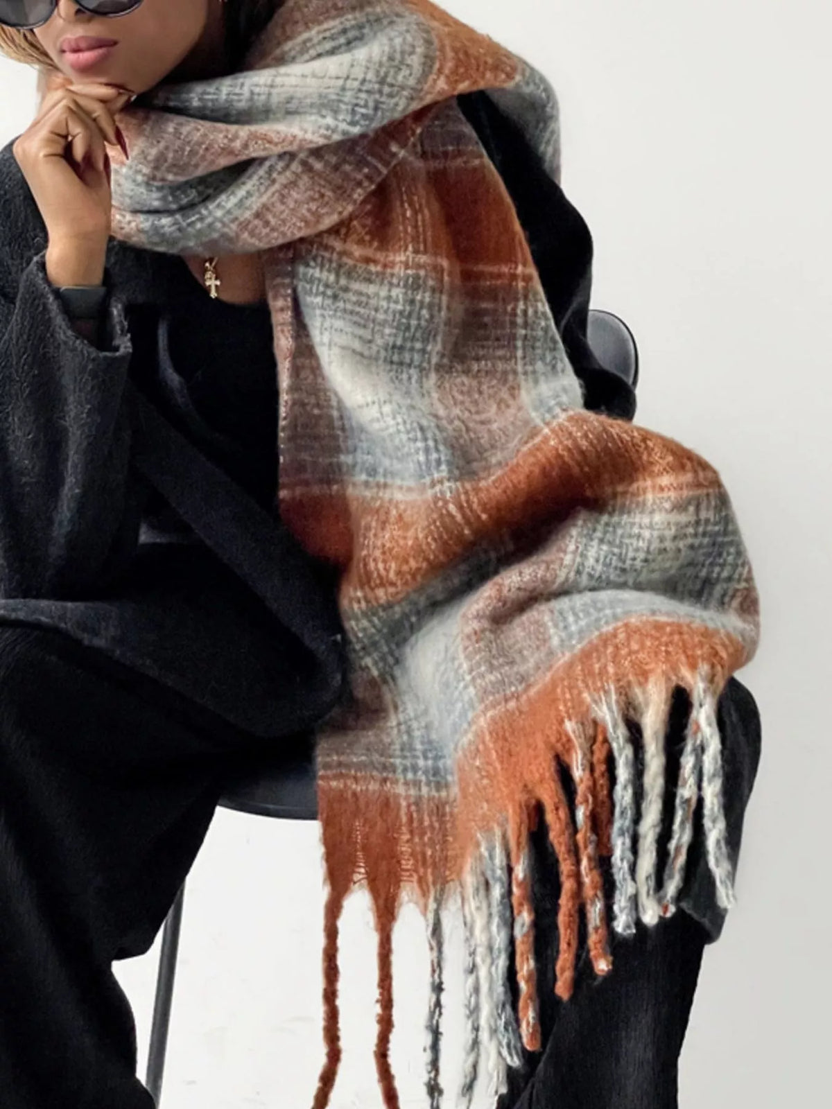 Plaid Fringe Scarf - Sherbet - View 3