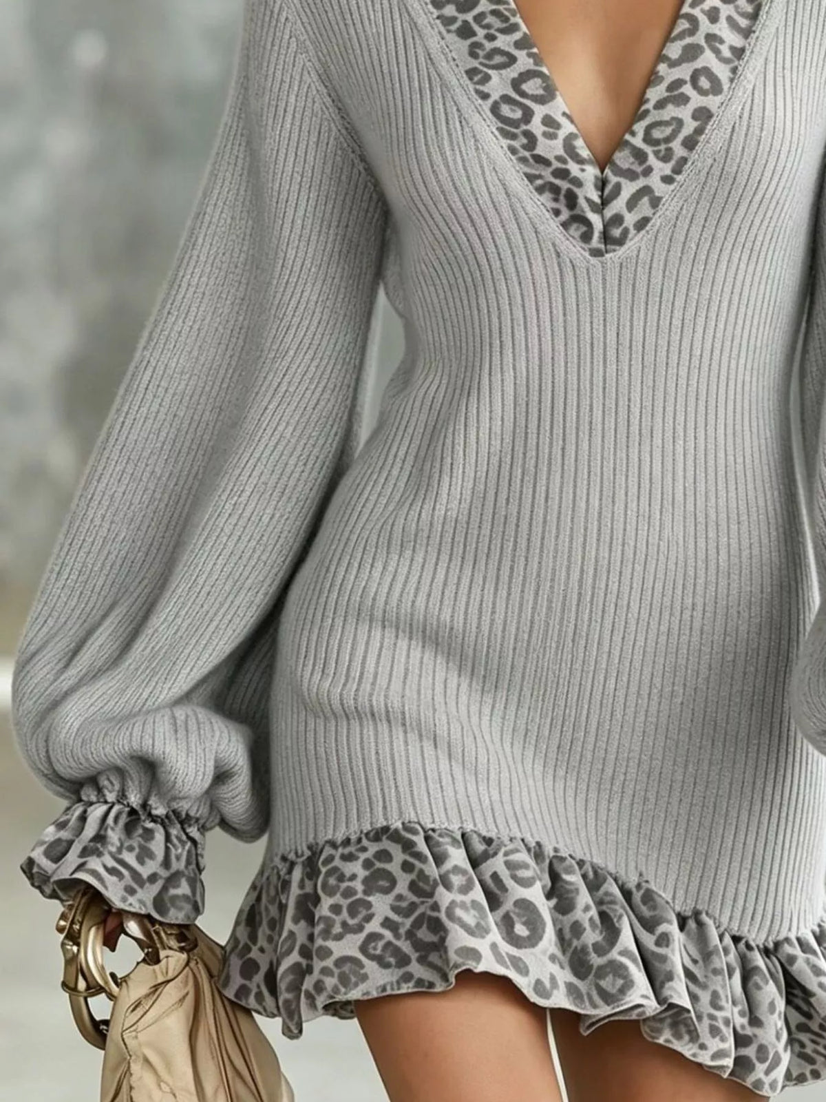 Leopard Print Ruffled Trim Knit Dress - Gray - View 3
