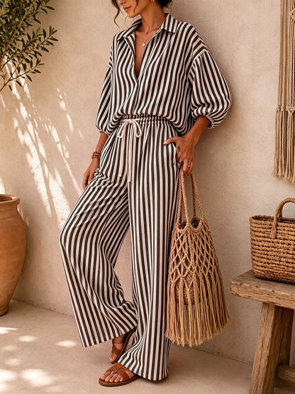 Striped Collared Shirt and Wide-Leg Drawstring Pants Set - Black - View 3