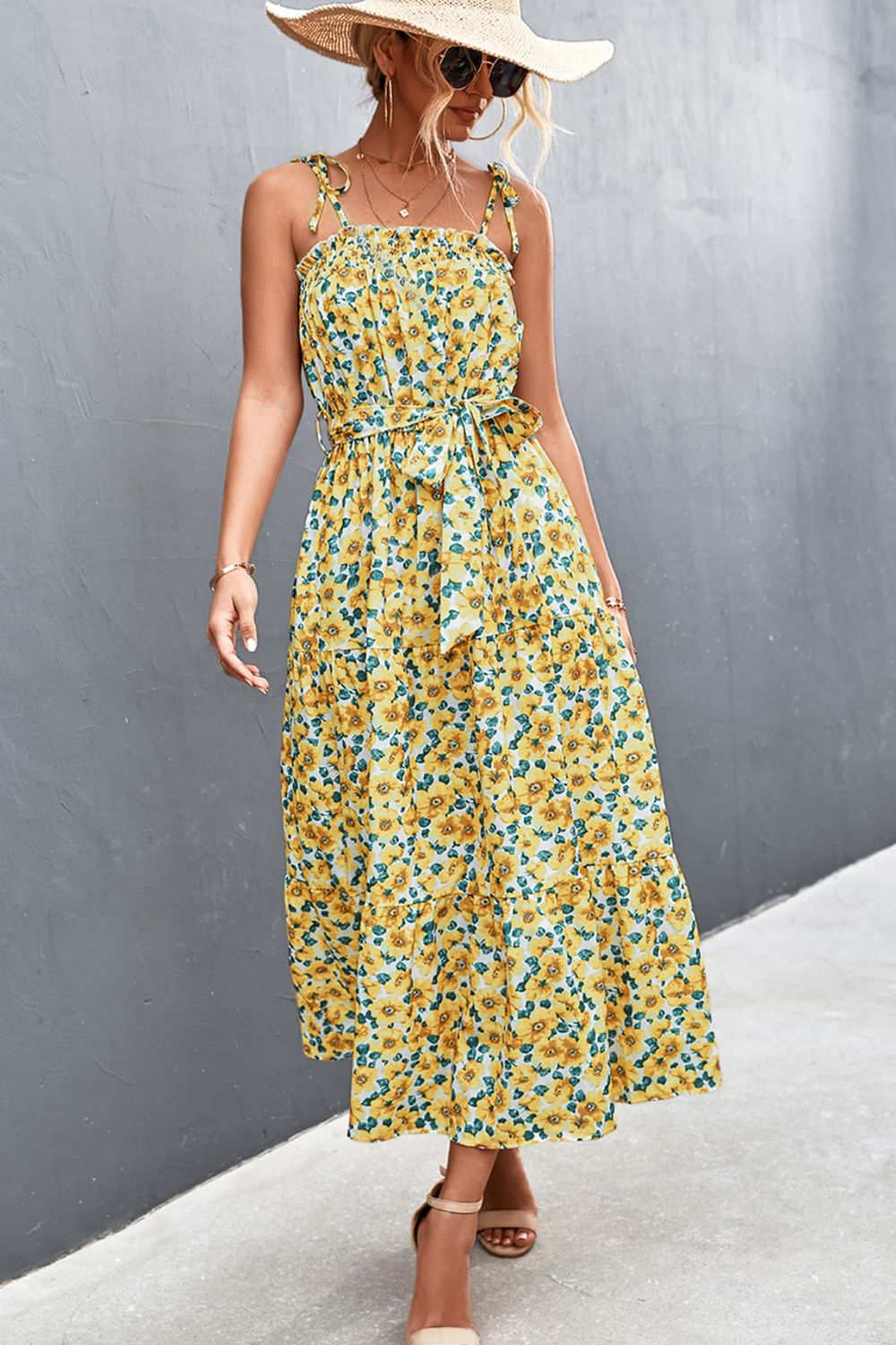Floral Tie-Shoulder Belted Dress - Chartreuse - View 4