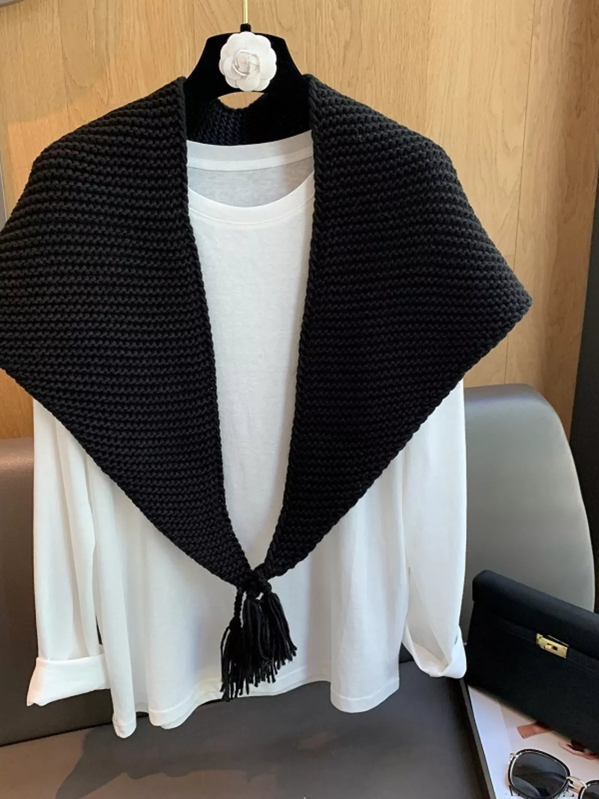 Chunky Knit Tassel Scarf - Black - View 2