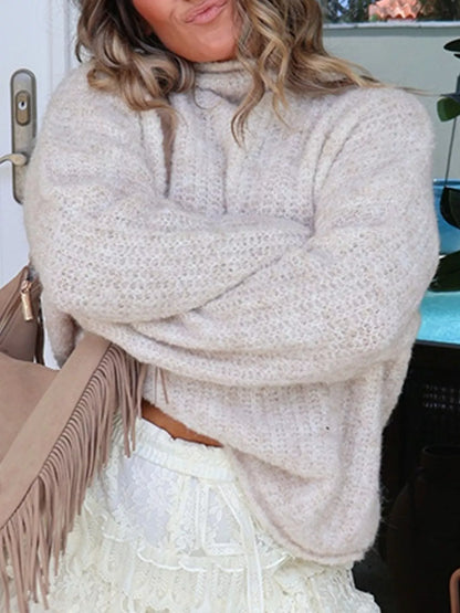 Mock Neck Chunky Knit Sweater - Beige - View 3