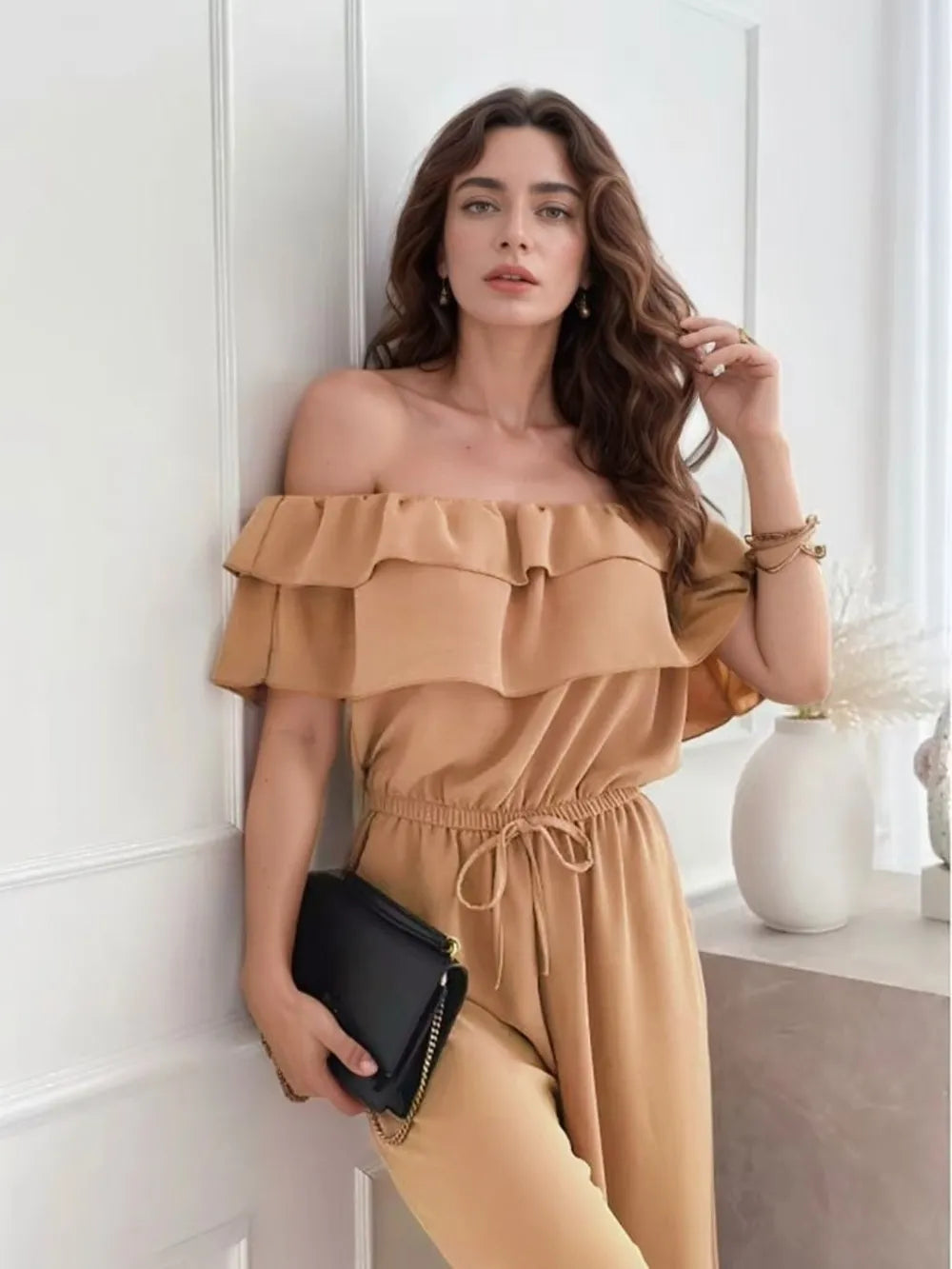 Ruffled Off-Shoulder Wide Leg Jumpsuit - Camel - View 1