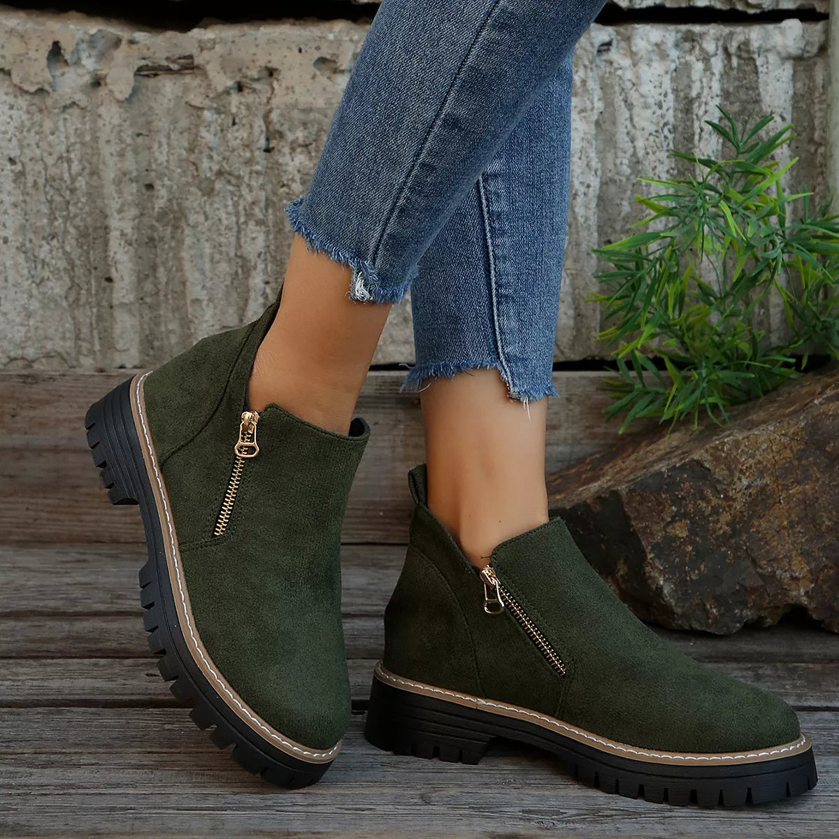 Ankle Boots with Zipper Detail - Green - View 1