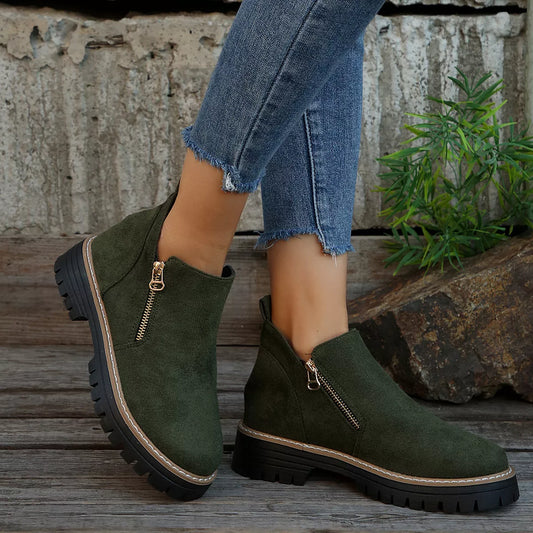 Ankle Boots with Zipper Detail - Green - View 1
