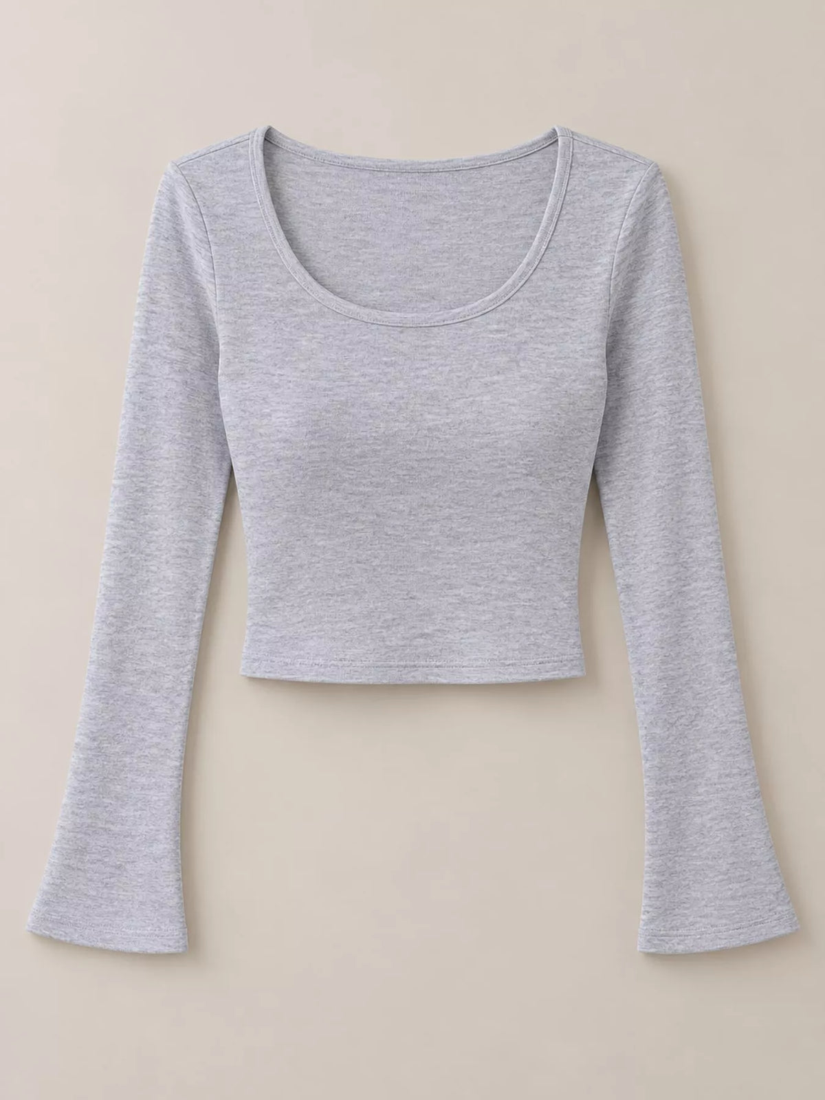 Slim-Fit Long Sleeve U-Neck Cropped T-Shirt - Gray - View 11