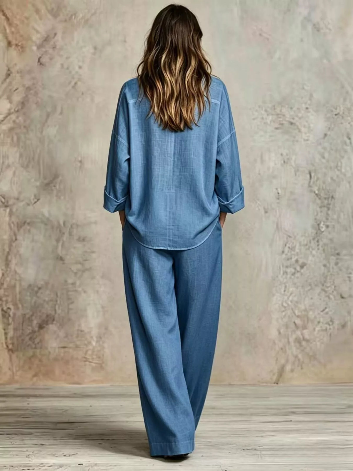 Full Size Button-Down Shirt and Wide-Leg Pants Set Plus Size - Blue - View 15