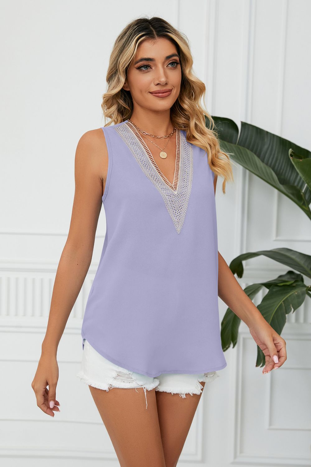 Contrast Trim Plunge Sleeveless Blouse - Periwinkle - View 8