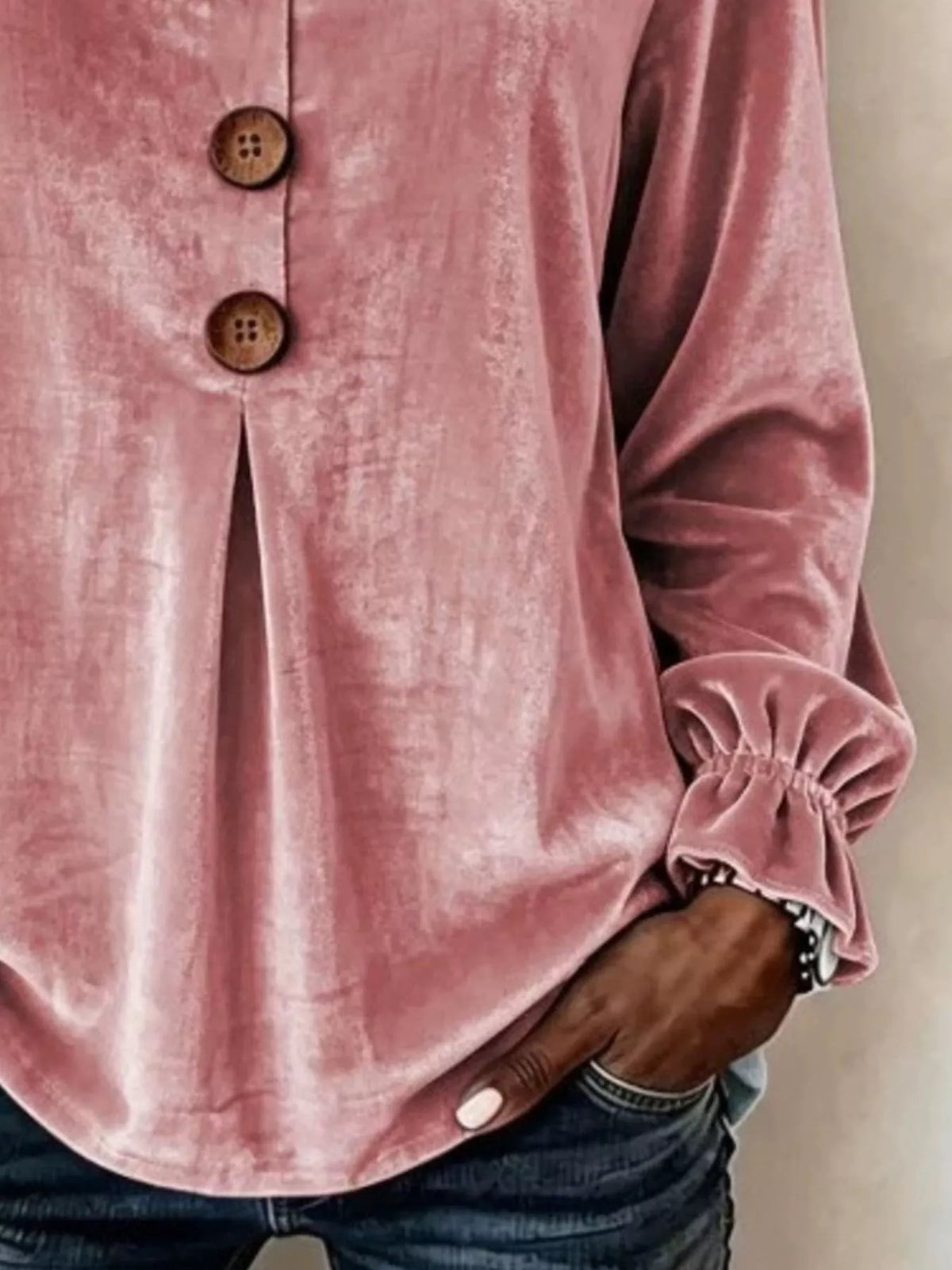 Velvet Flounce Sleeve Blouse - Pink - View 2