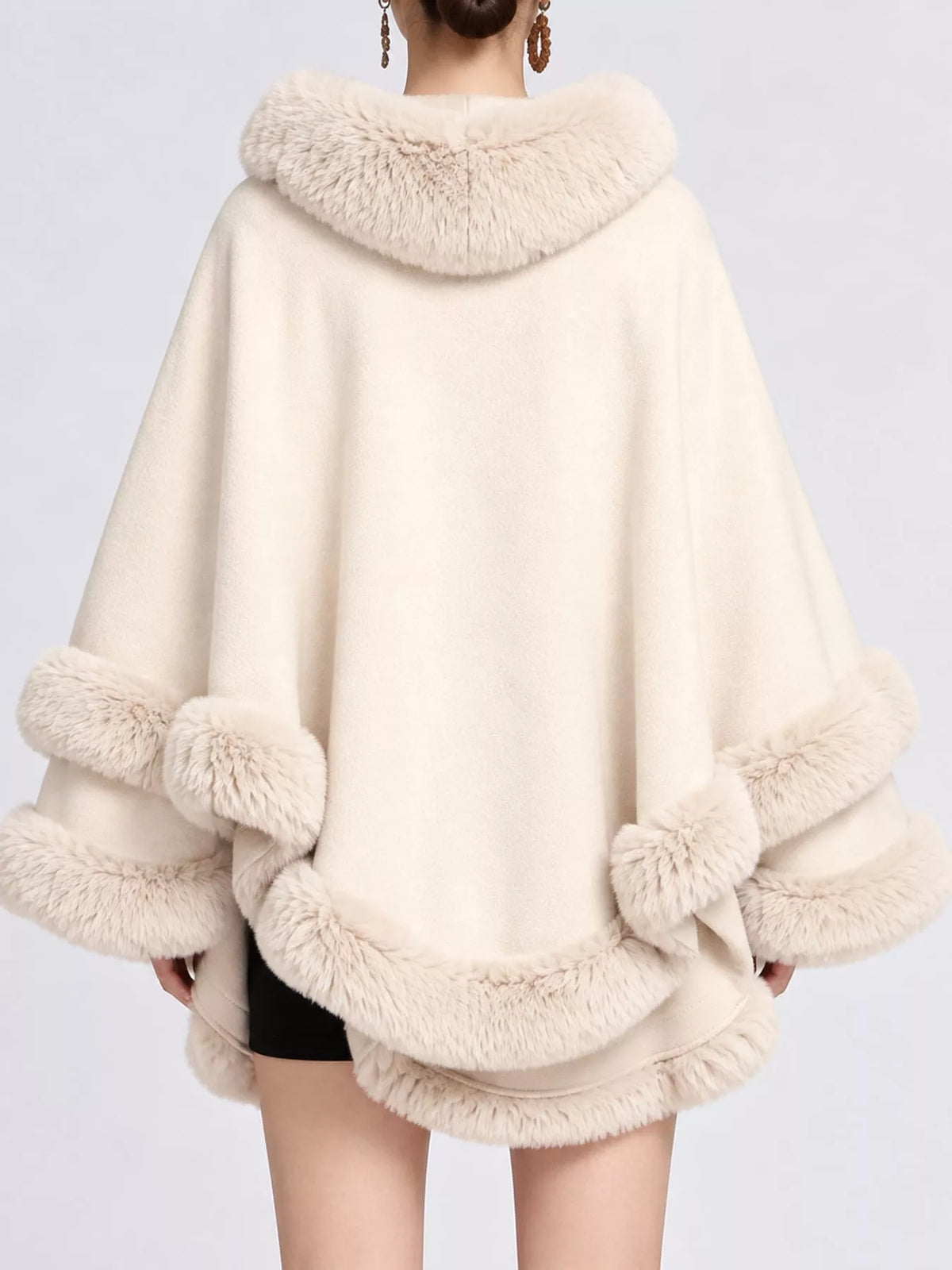 Faux Fur Trimmed Hooded Cape - Beige - View 26