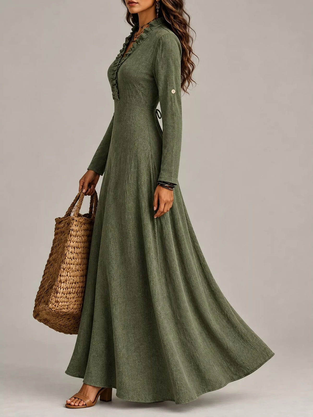 Full Size Frill Roll-Up Sleeve Maxi Dress Plus Size - Green - View 22
