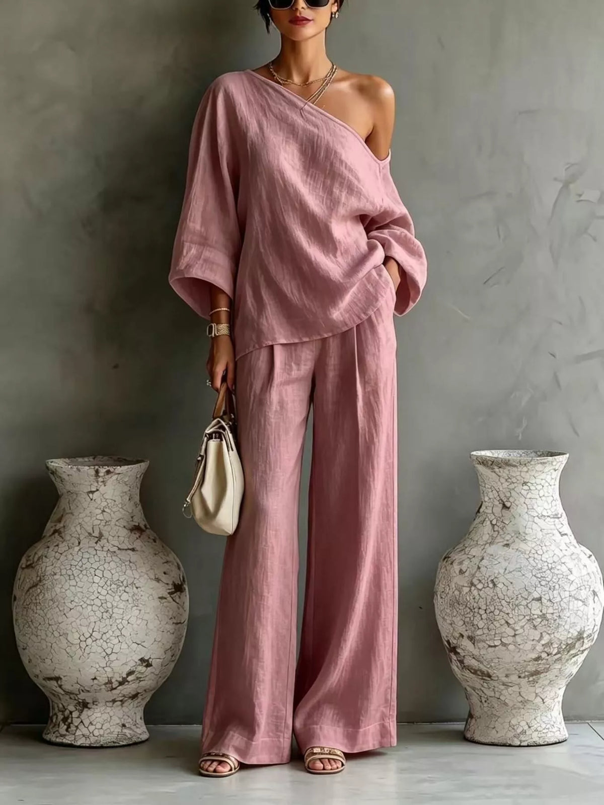 One Shoulder Top and Wide Leg Pants Set - Dusty Pink - View 1