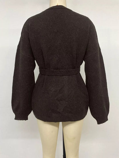 Tie Waist Dropped Shoulder Wrap Cardigan - Chocolate - View 10