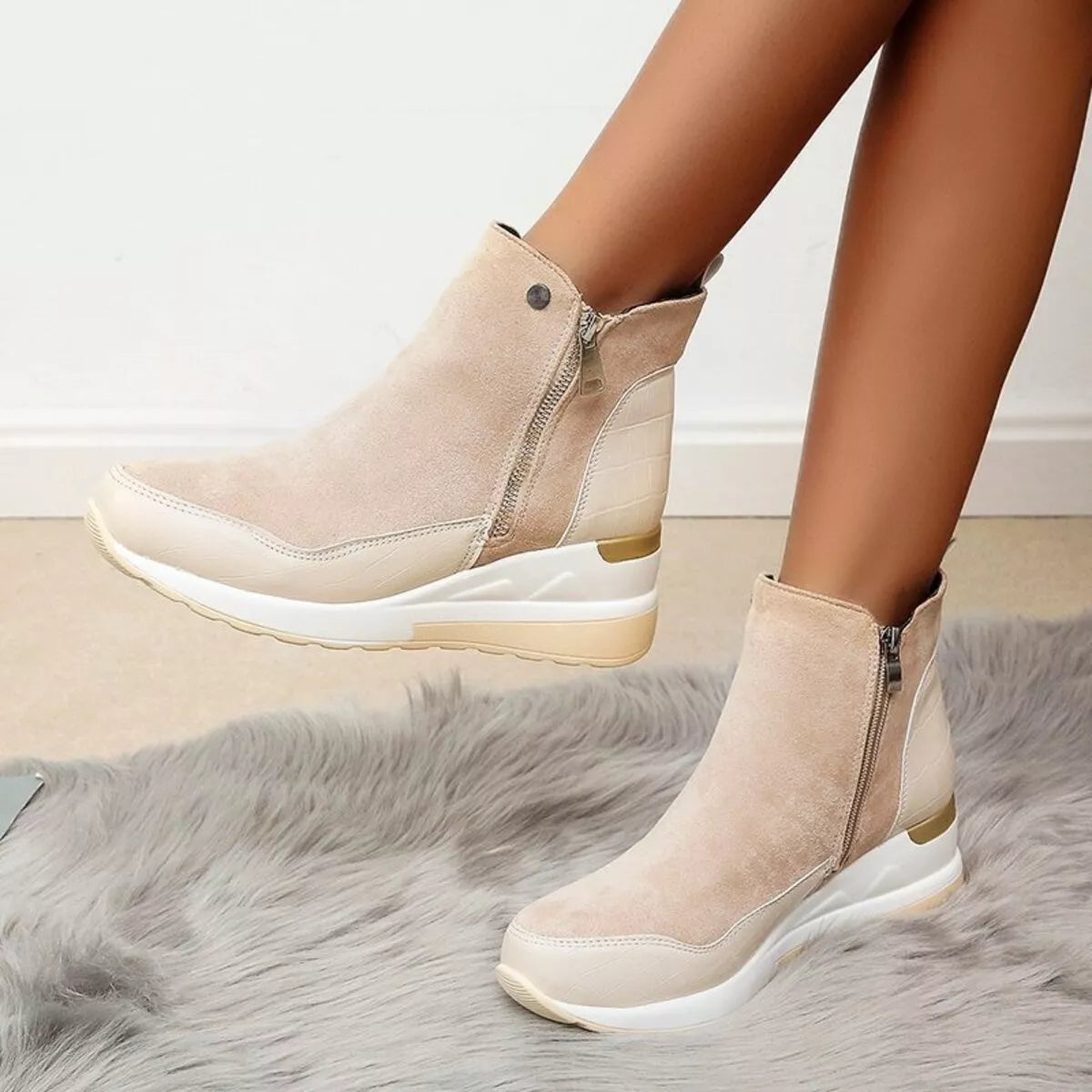 Side Zipper Ankle Boots - Beige - View 6